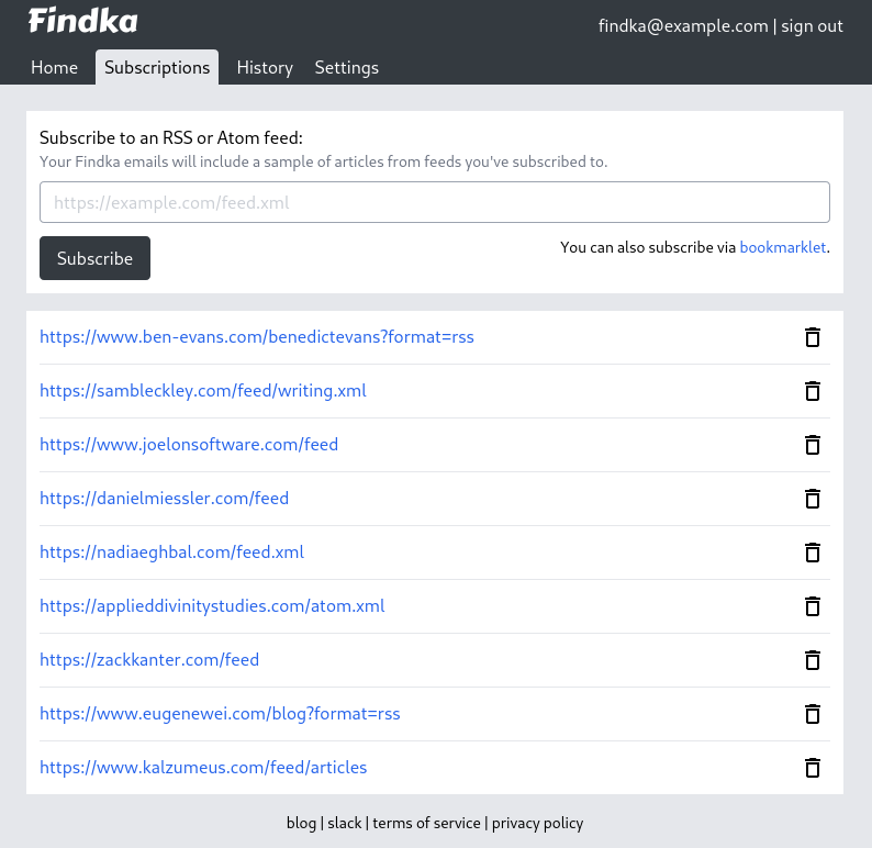 Example of subscribing to RSS feeds on Findka